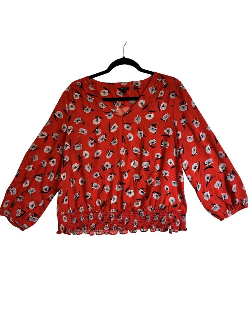 Ann Taylor Petite Red Floral 3/4 Sleeve V-Neck Blouse With Smocked Hem Womens LP